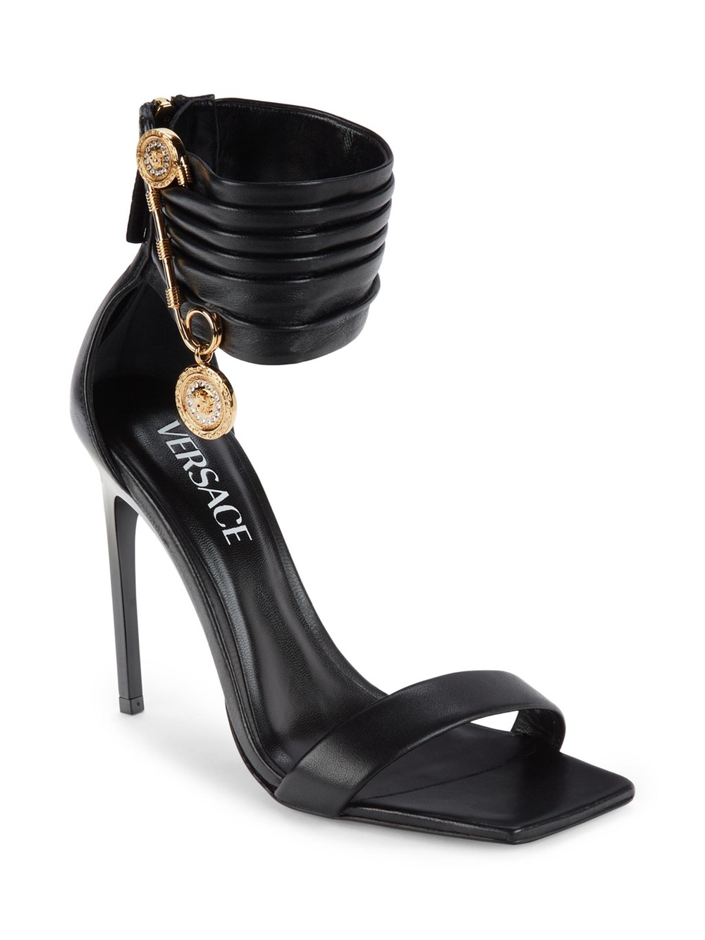 Versace Black Leather Stiletto Sandal with Gold Medallion Ankle Cuff